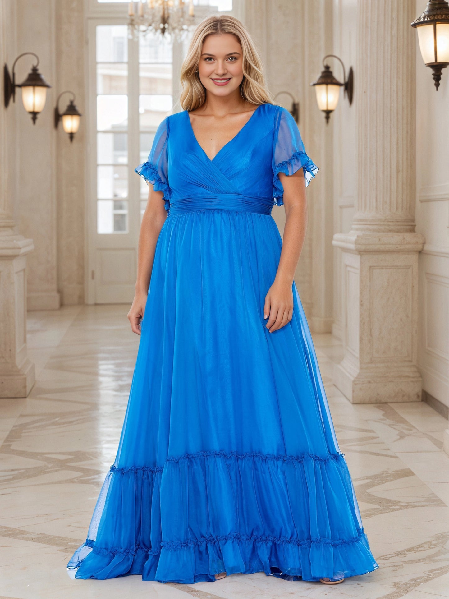 RoselleDress royal blue chiffon plus size maxi wedding guest dress wrap v‑neck flutter ruffle sleeve tiered skirt front view