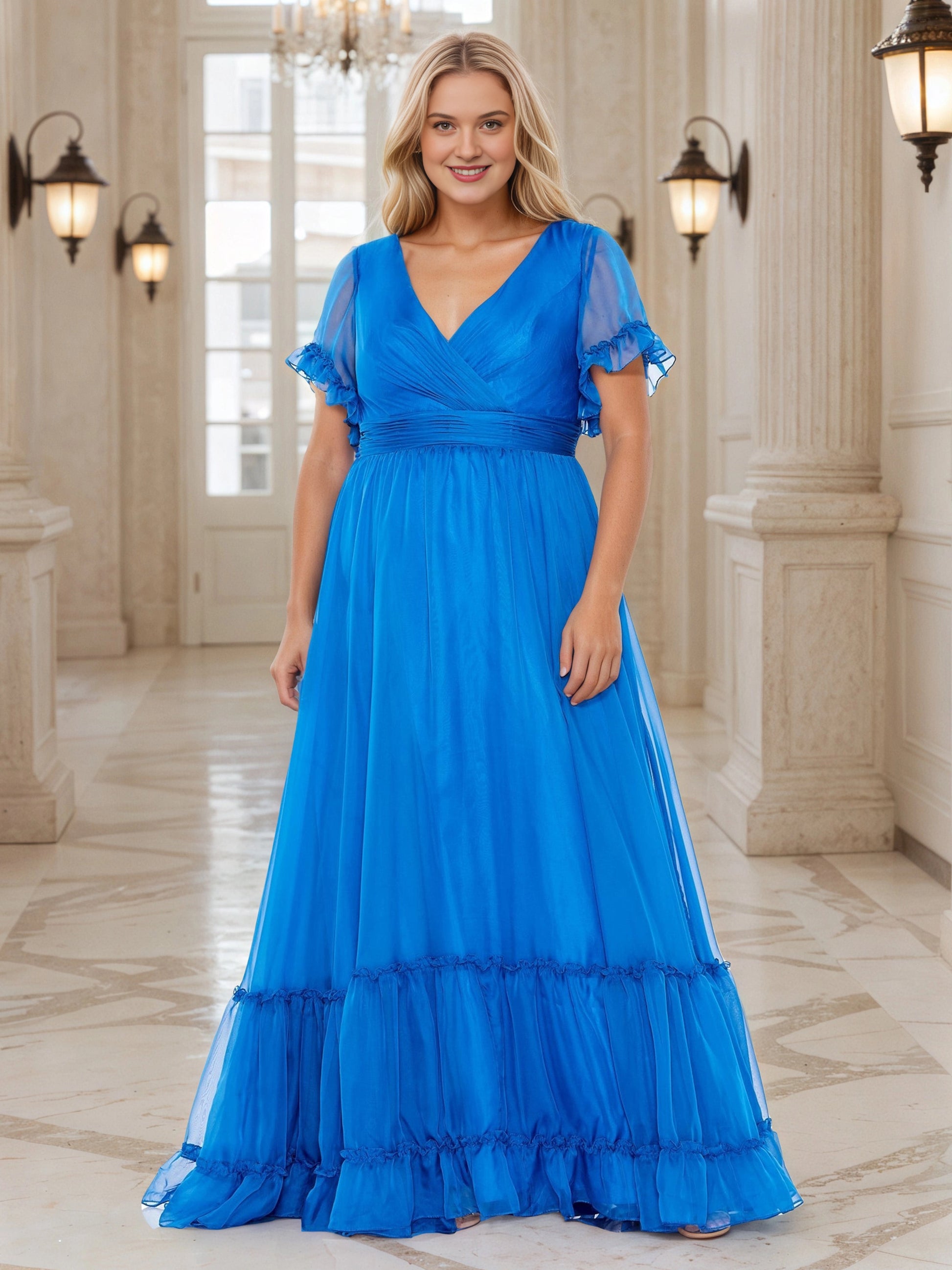 RoselleDress royal blue chiffon plus size maxi wedding guest dress wrap v‑neck flutter ruffle sleeve tiered skirt front view