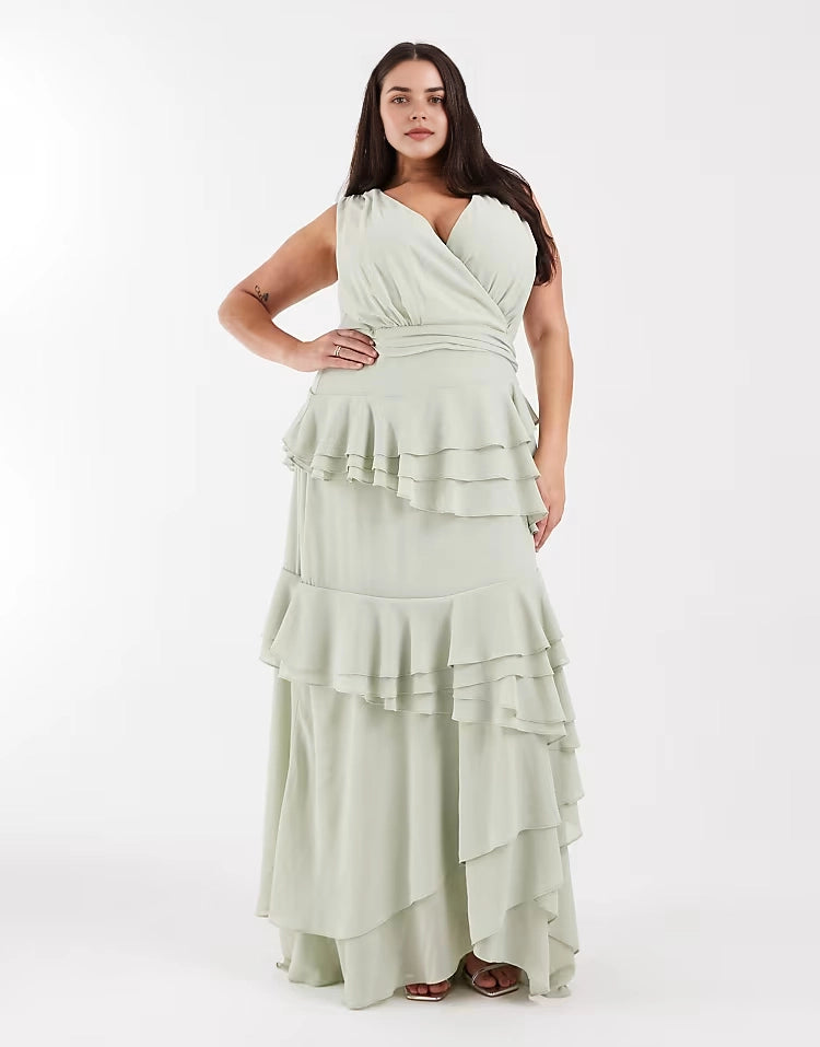 Roselledress plus size sage green chiffon tiered wrap v‑neck sleeveless maxi wedding guest dress front view on curvy model
