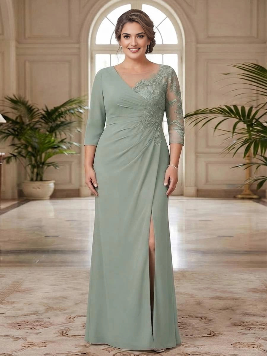 RoselleDress sage green plus size formal gown illusion mesh back lace applique 3/4 sleeve back‑zipper mermaid back view