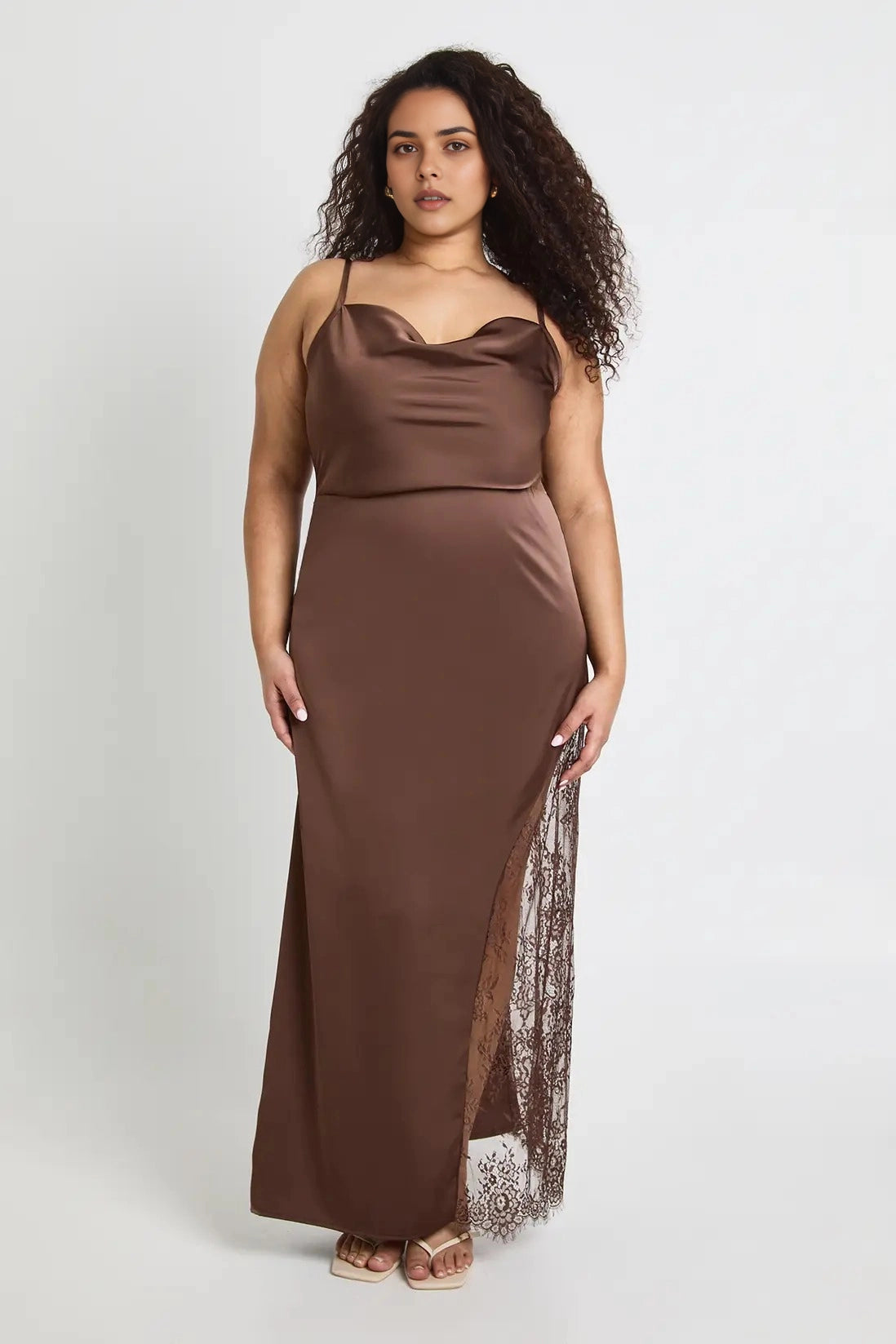 Roselledress plus size elegant sheath cowl neck spaghetti strap maxi wedding guest dress front view brown satin lace slit