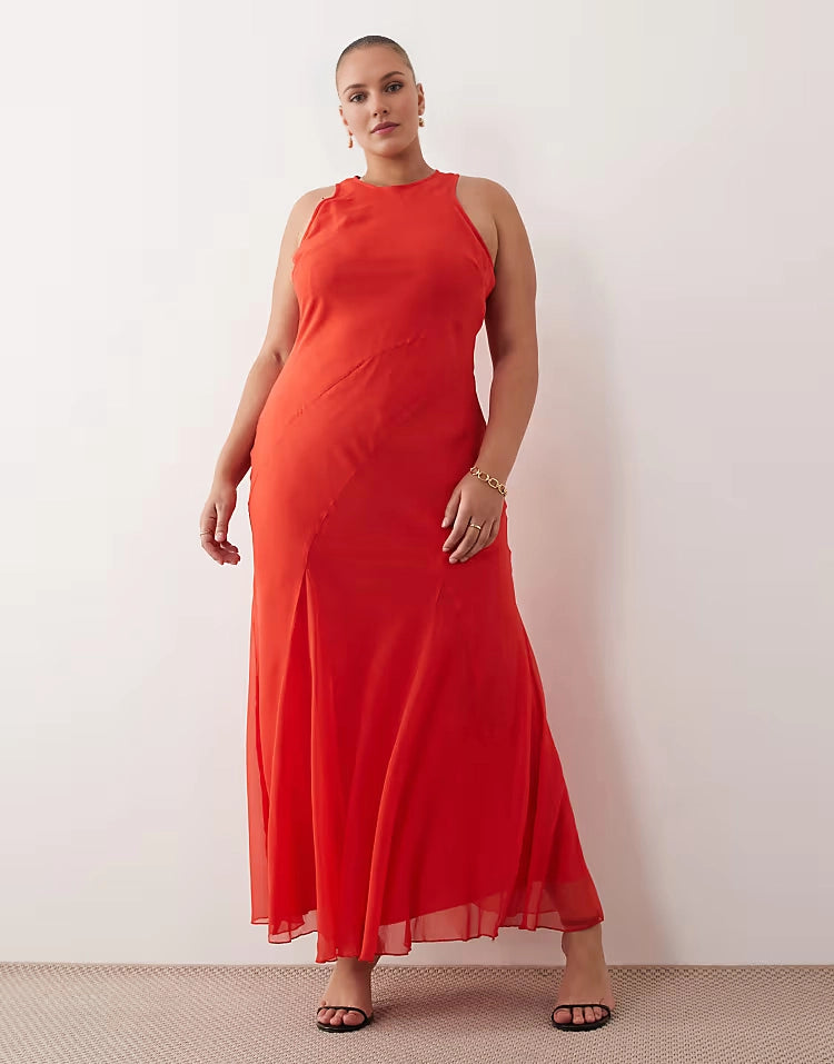 Roselledress red plus size halter sleeveless bias-cut chiffon maxi wedding guest dress with flared hem