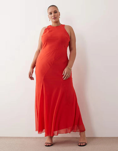 Roselledress red plus size halter sleeveless bias-cut chiffon maxi wedding guest dress with flared hem