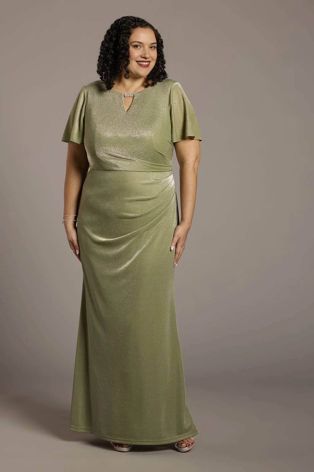 Front view of sage green shimmer keyhole neck flutter sleeve mother of the bride dress by roselledress