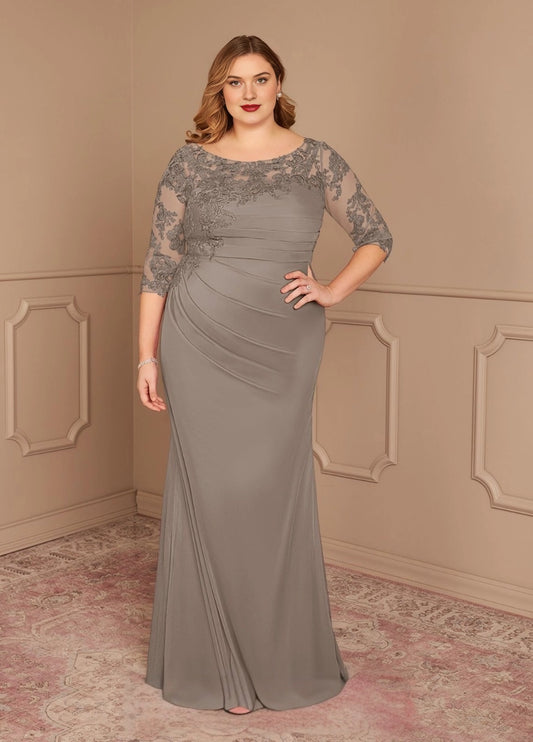 Front view of taupe lace illusion neck three-quarter sleeve mother of the bride dress by roselledress