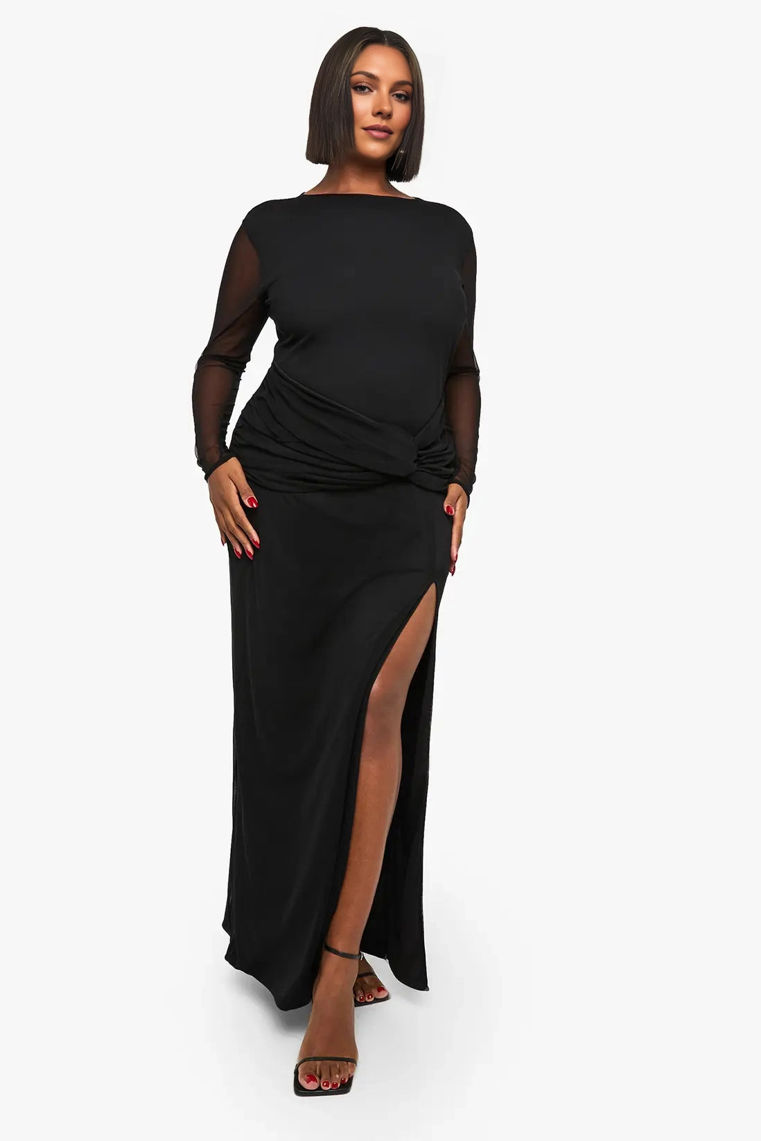 Roselledress black plus size bateau neck mesh long sleeve sheath maxi wedding guest dress with twist waist & side slit