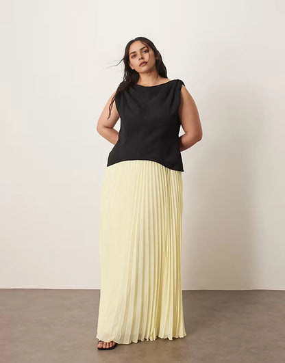 Roselledress black and pale yellow colour‑block plus size boat‑neck sleeveless pleated chiffon maxi wedding guest dress