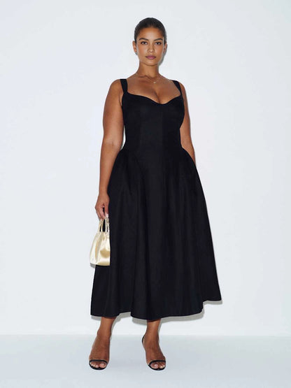 roselledress black plus size sweetheart neck wide strap a‑line midi dress structured elegant formal wedding guest gown front view