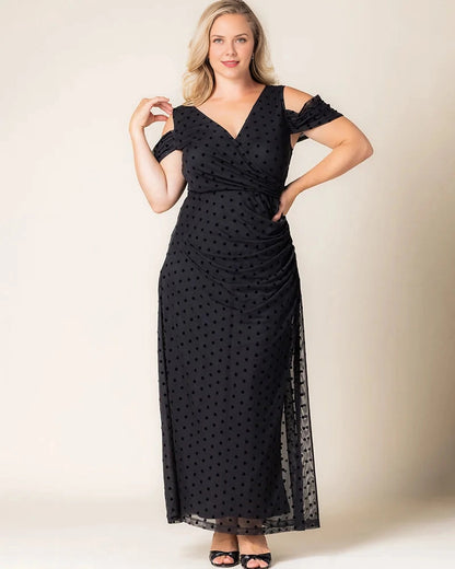 roselledress black polka dot plus size cold shoulder mesh maxi dress wrap v‑neck side ruched slit formal wedding guest gown front view