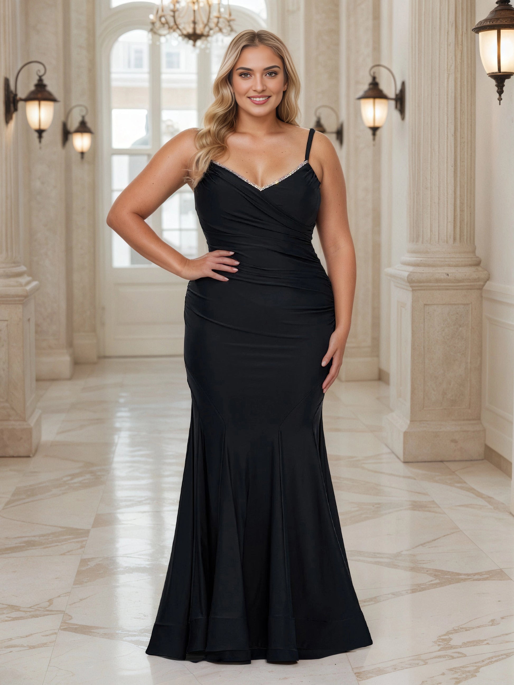 RoselleDress black plus size wedding guest dress rhinestone trim v‑neck spaghetti strap ruched mermaid gown front view floor‑length formal evening guest dress