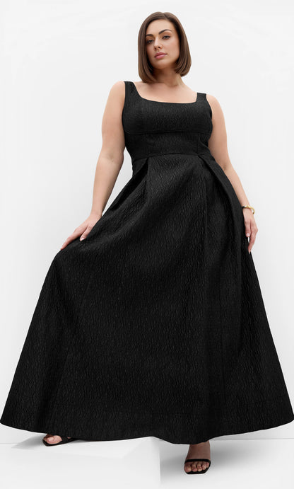 RoselleDress black plus size wedding guest dress u‑neck wide strap textured jacquard fabric pleated a‑line gown front view floor‑length formal evening dress