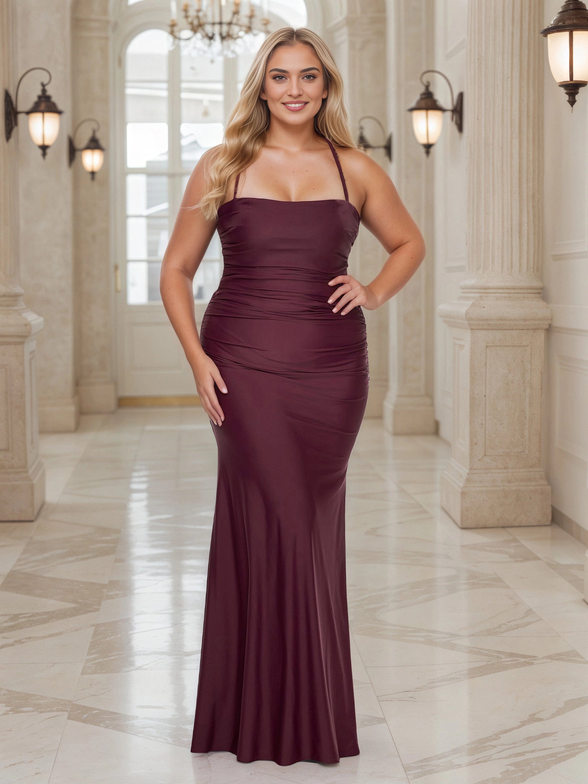 RoselleDress burgundy plus size wedding guest dress straight neck spaghetti strap ruched mermaid jersey gown front view floor‑length formal guest dress