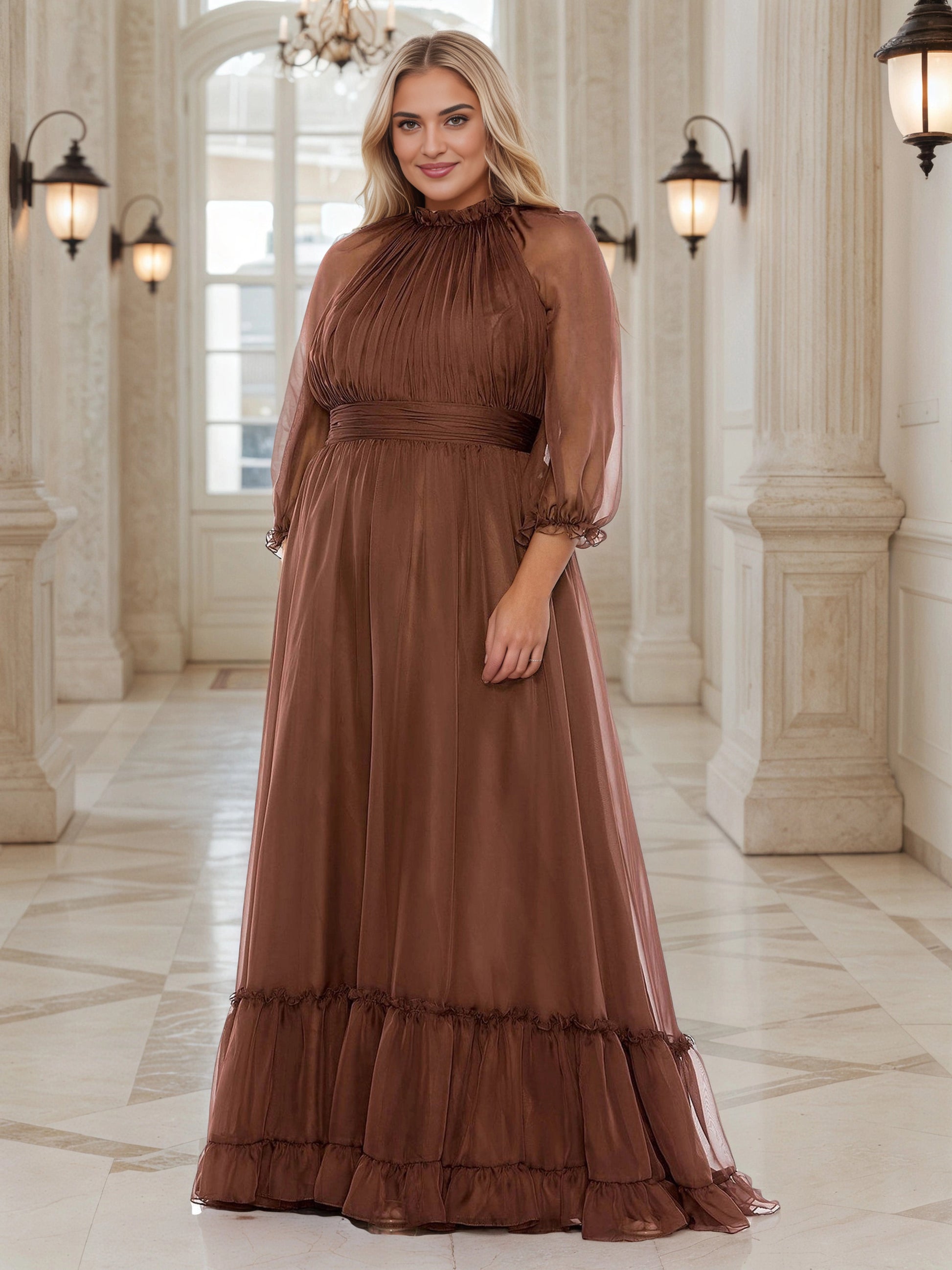 RoselleDress chocolate brown plus size wedding guest dress ruffled high neck sheer 3/4 sleeve flowy chiffon a‑line maxi gown front view floor‑length formal guest dress