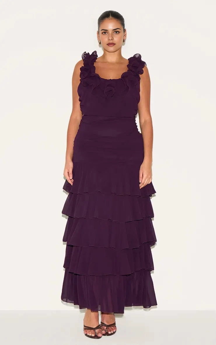 Roselledress deep plum plus size ruffled square‑neck sleeveless ruched tiered chiffon maxi wedding guest dress
