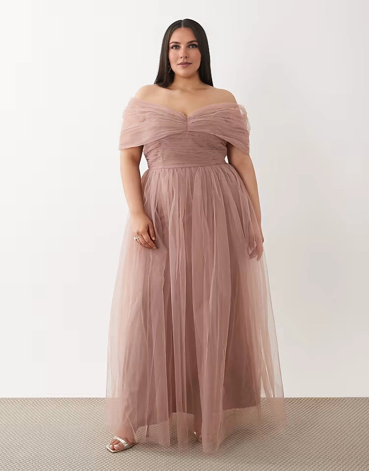 Roselledress dusty mauve plus size off‑the‑shoulder tulle a‑line maxi wedding guest dress with ruched bodice