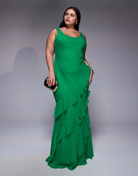 Roselledress emerald green plus size scoop‑neck sleeveless asymmetrical ruffle chiffon mermaid maxi wedding guest dress