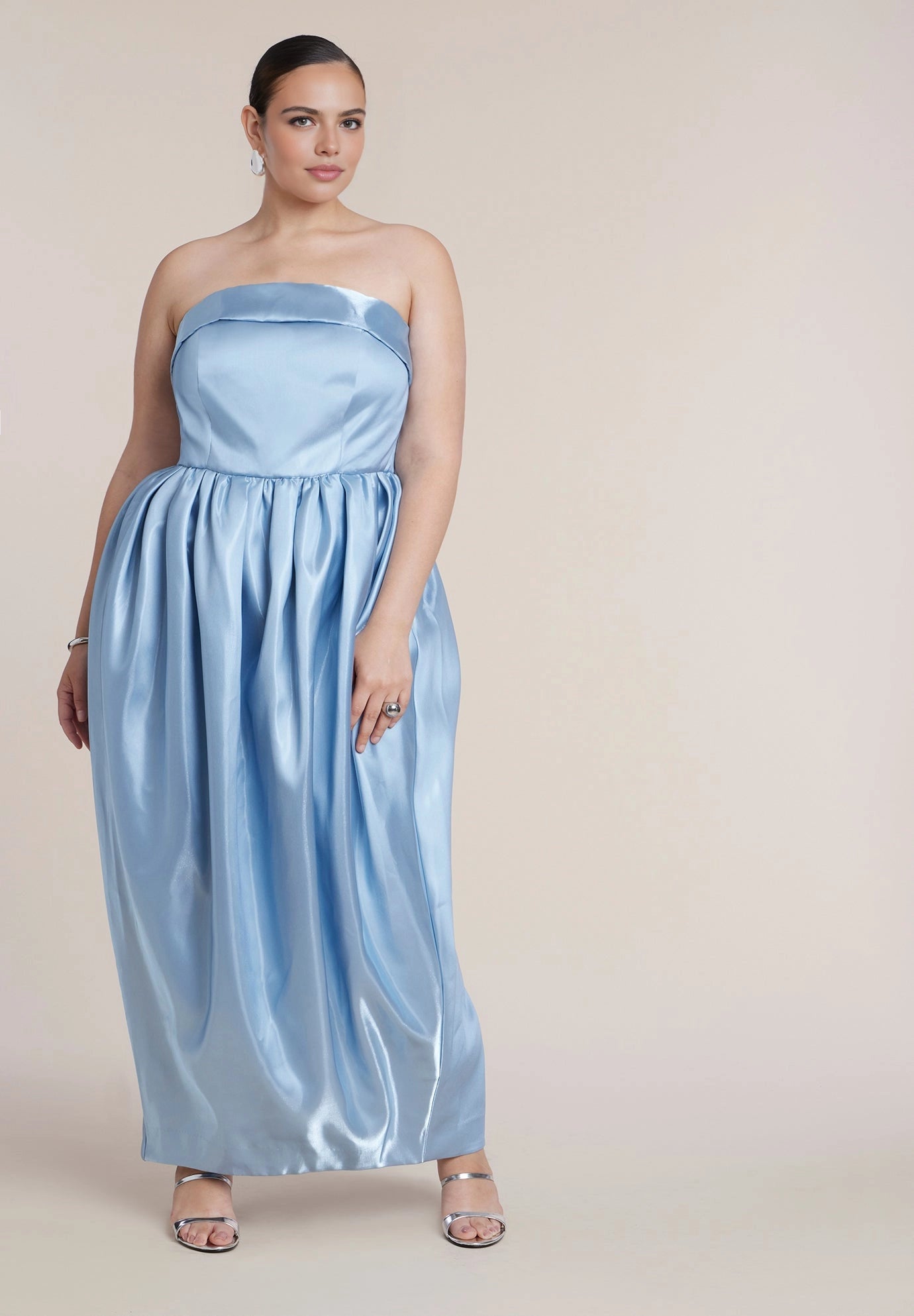 roselledress light blue plus size strapless satin maxi dress gathered waist voluminous skirt wedding guest gown front view