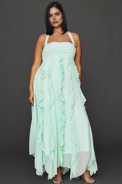 Roselledress mint green plus size halter sleeveless a‑line maxi wedding guest dress with cascading ruffle details