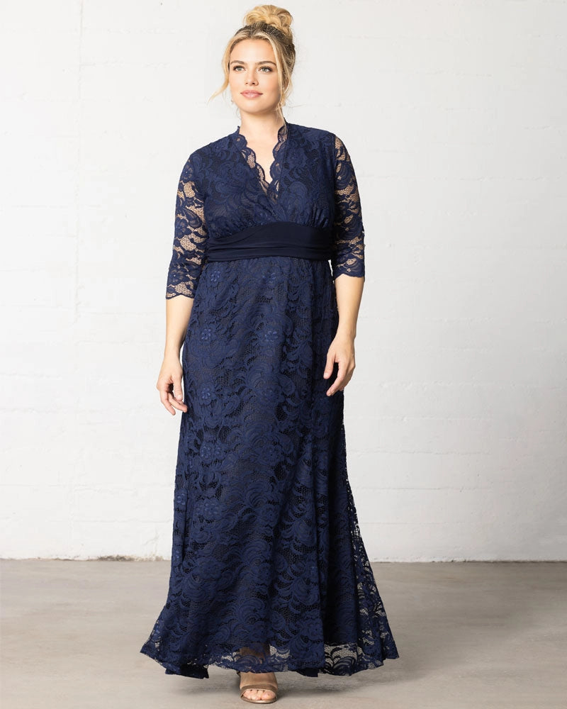 roselledress navy blue plus size 3/4 sleeve lace maxi dress scalloped v‑neck waist sash modest elegant wedding guest gown front view