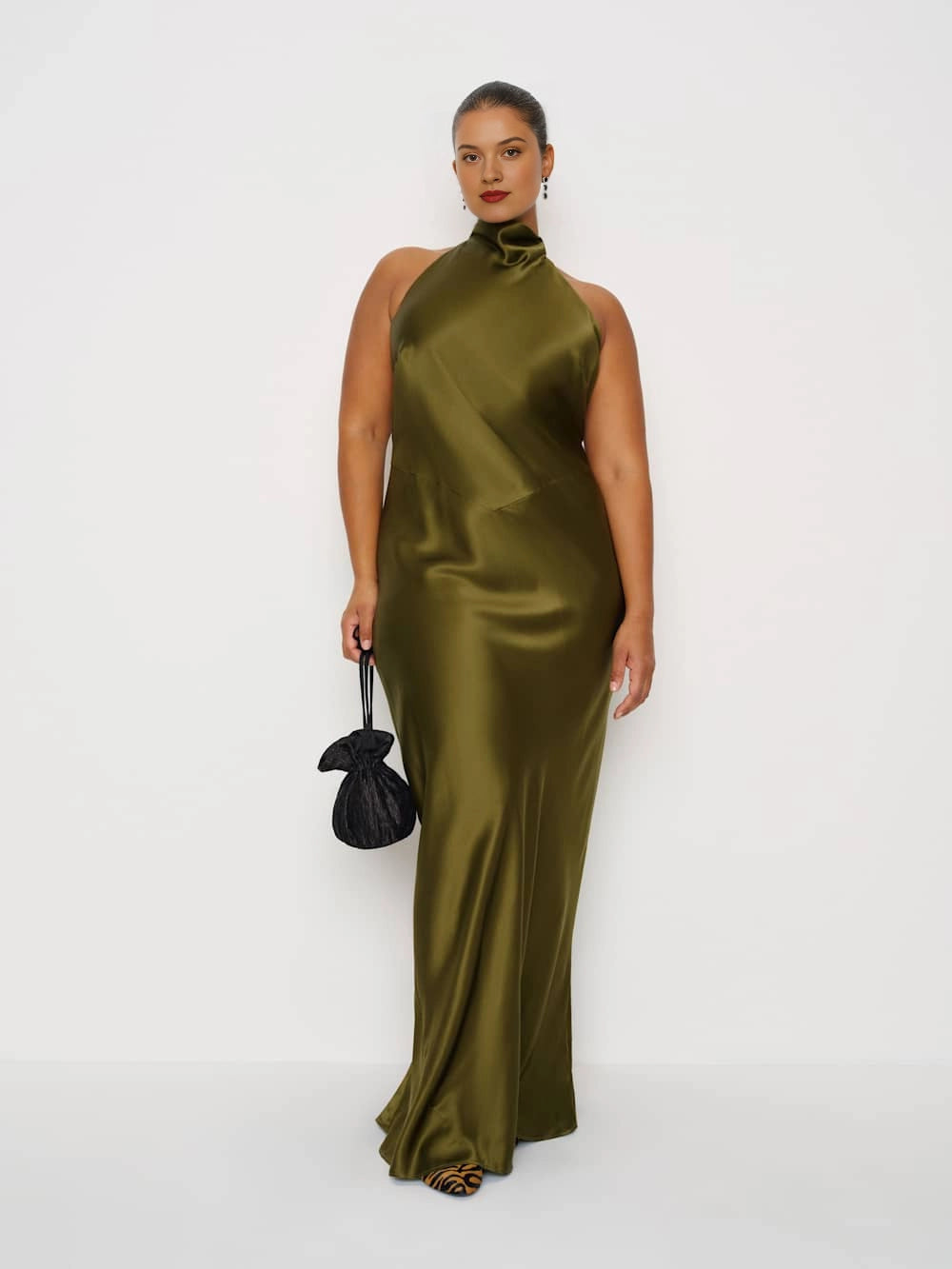roselledress olive green plus size halter neck high collar satin mermaid maxi dress sleek elegant formal wedding guest gown front view