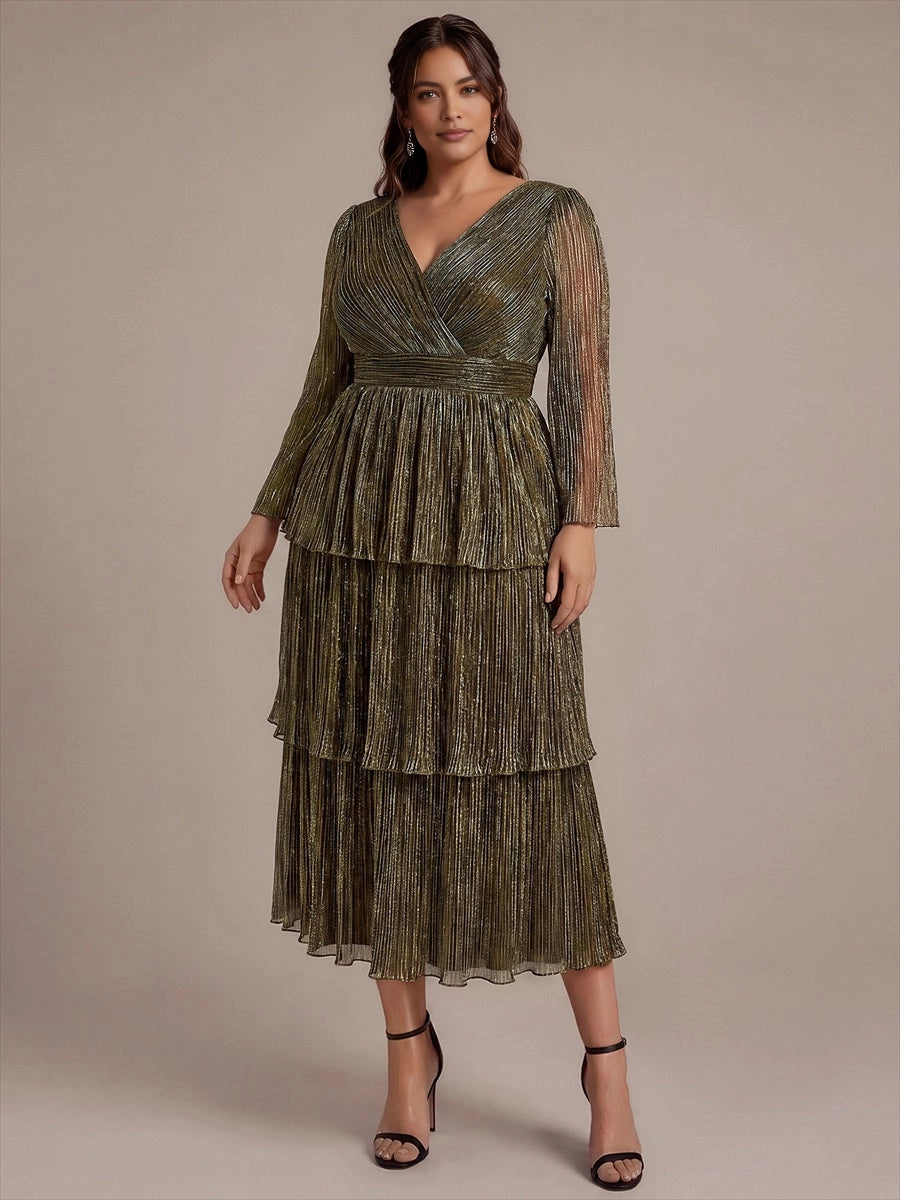 roselledress olive green plus size metallic shimmer tiered maxi dress long sleeve pleated waist elegant formal wedding guest gown front view