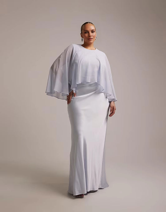 Roselledress pale lavender plus size round‑neck chiffon cape overlay satin skirt maxi wedding guest dress