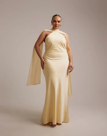 Roselledress pale yellow plus size halter cape‑strap mermaid satin maxi wedding guest dress
