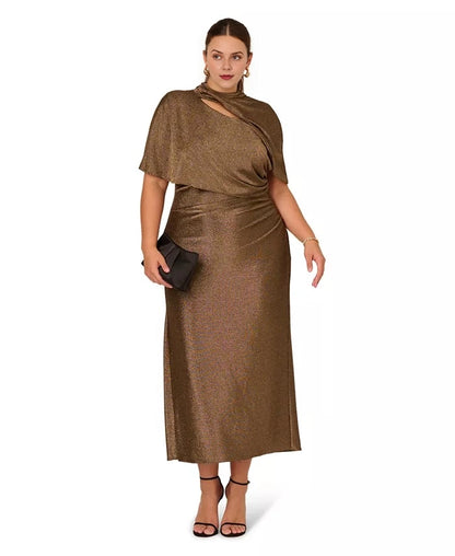 Roselle Dress plus size bronze metallic midi wedding guest dress with cape sleeve and twist cut‑out neck front view, shimmer formal gown