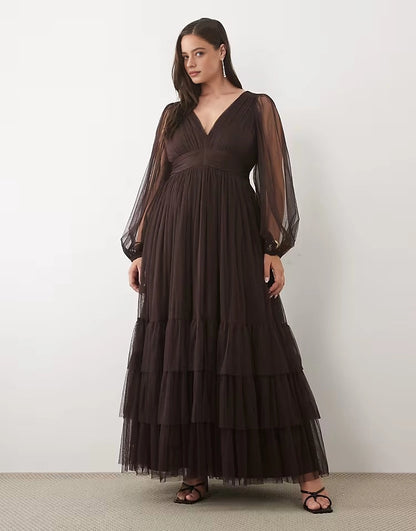 Roselledress plus size dark chocolate brown tulle puff long sleeve wedding guest dress front view
