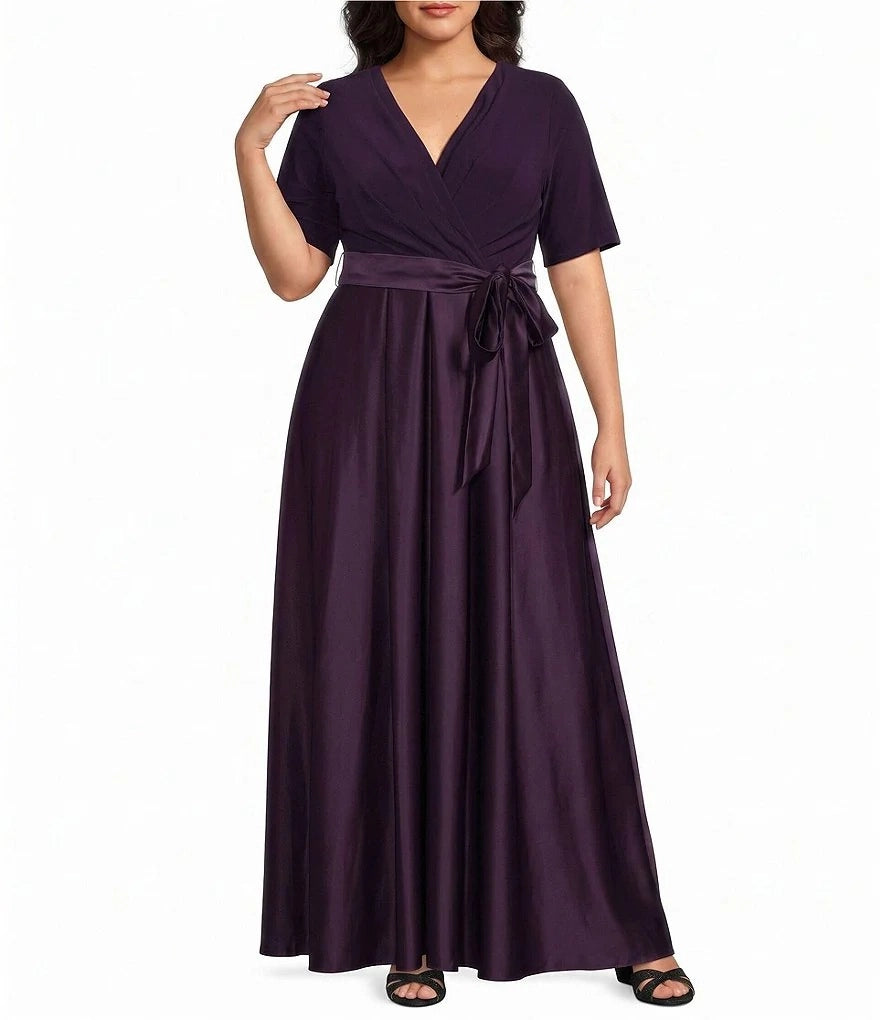 Roselle Dress plus size dark purple mother of the bride dress, wrap v‑neck elbow‑length sleeve, satin sash bow maxi gown front view