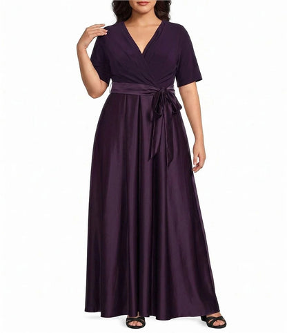 Roselle Dress plus size dark purple mother of the bride dress, wrap v‑neck elbow‑length sleeve, satin sash bow maxi gown front view