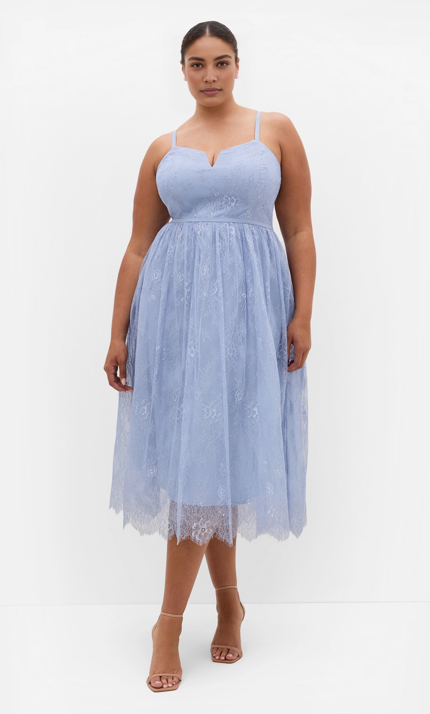 Roselle Dress plus size dusty blue wedding guest dress, notched sweetheart neck, lace a‑line midi gown front view
