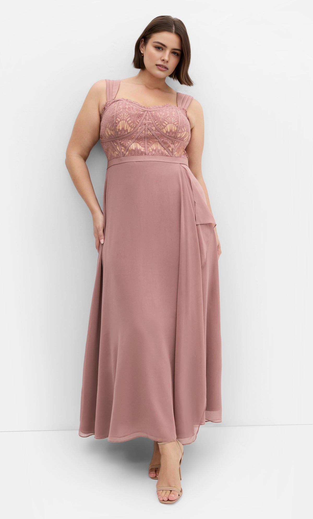 Roselle Dress plus size dusty rose wedding guest dress, wide pleated straps, lace bodice, chiffon maxi gown front view