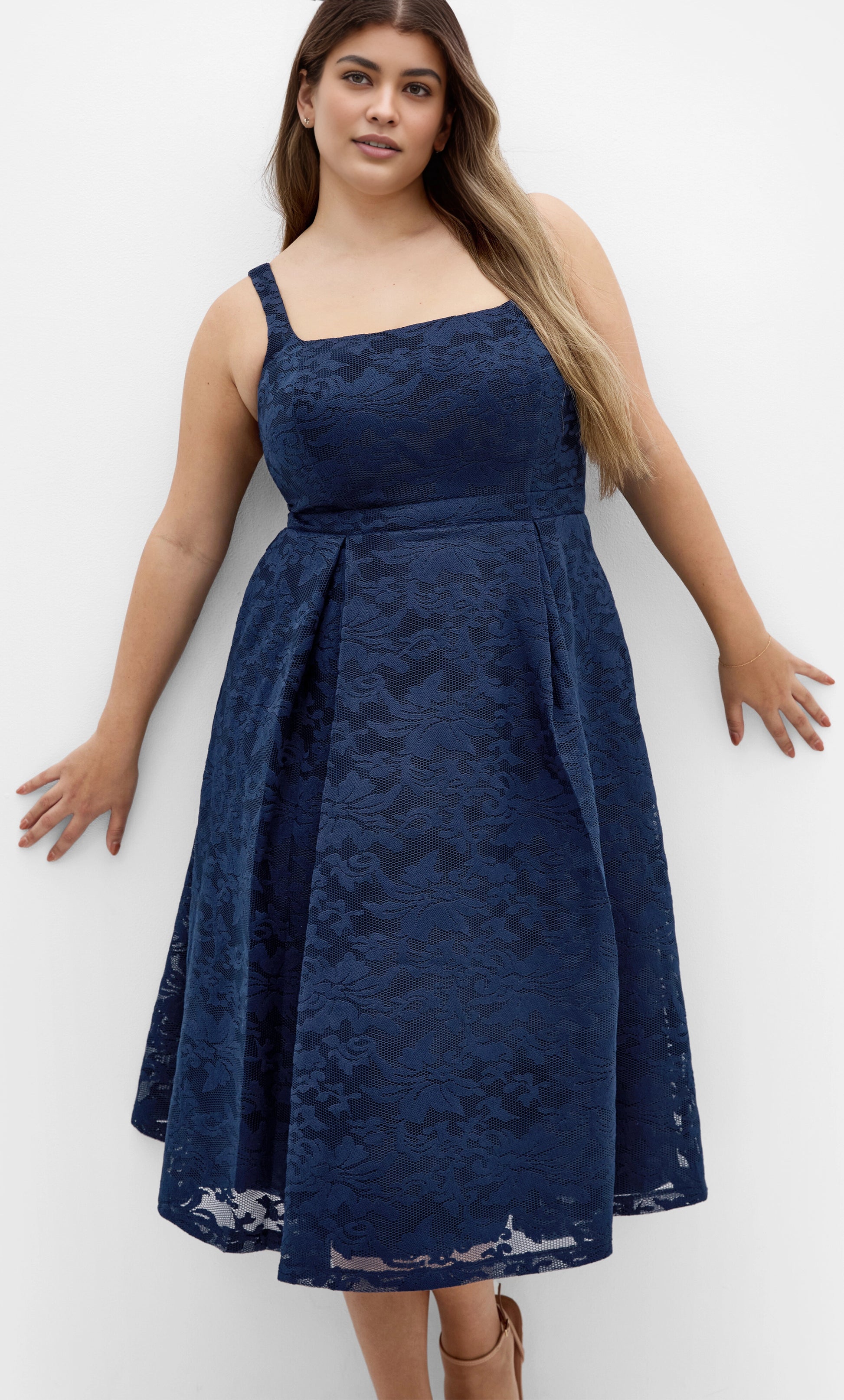 Roselle Dress plus size navy lace fit‑and‑flare midi gown, square neck sleeveless wedding guest dress front view