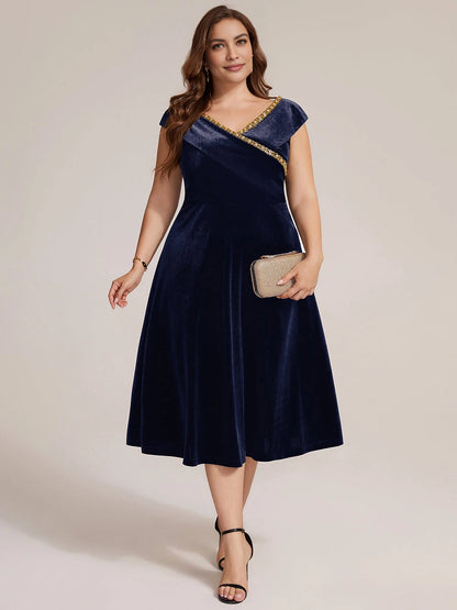 Roselle Dress plus size navy mother of the bride dress, v‑neck cap sleeve, gold beaded trim velvet midi gown front view