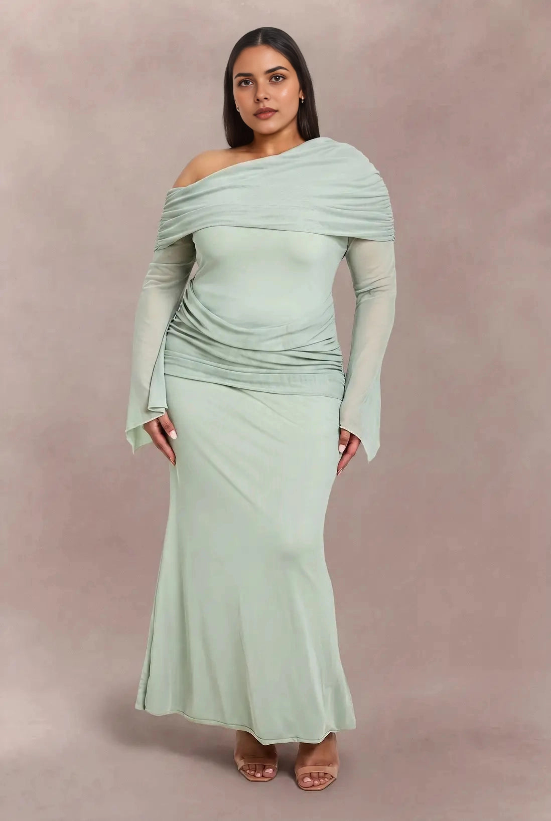 Roselledress plus size sage green ruched off‑shoulder wedding guest dress front view