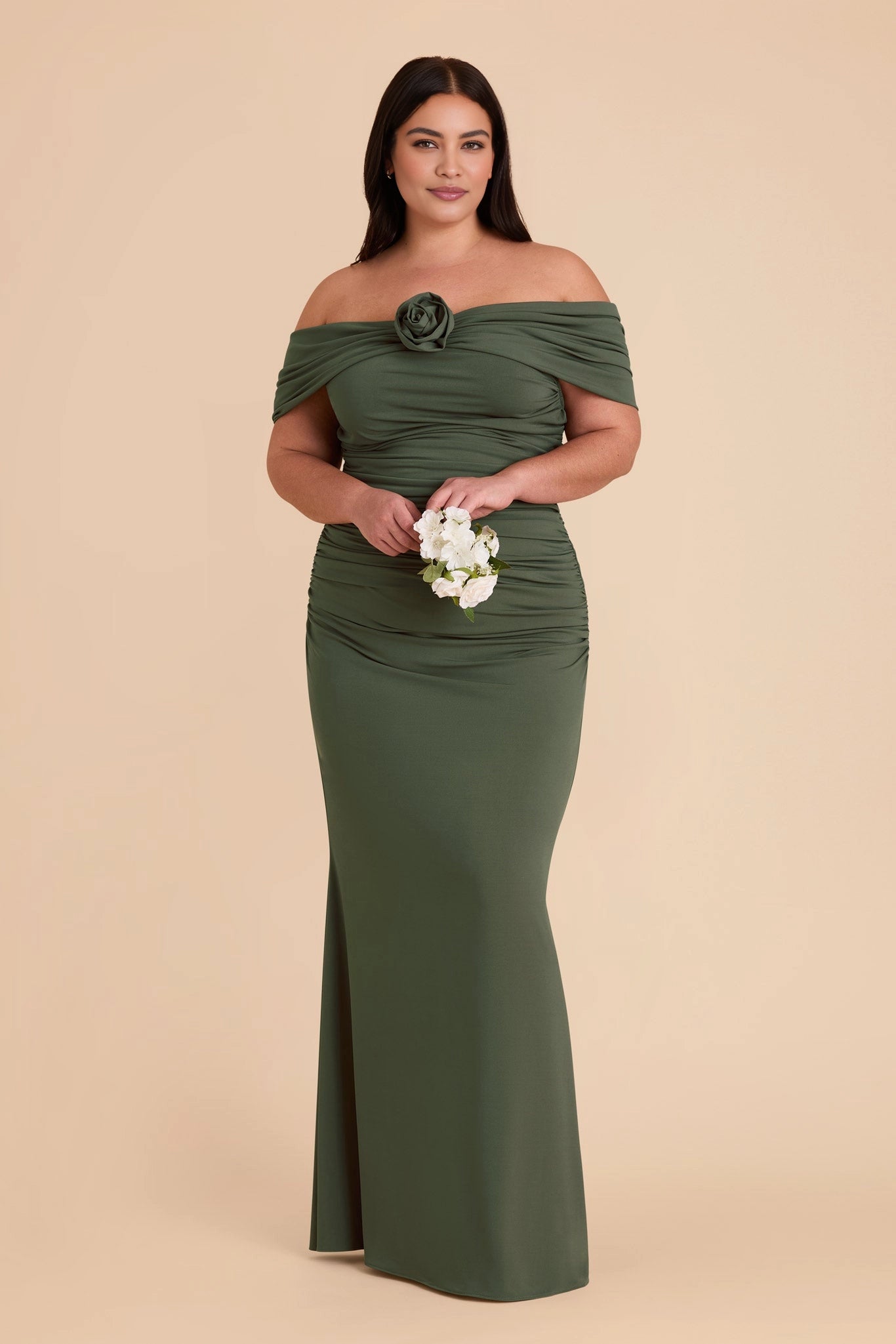 Roselle Dress plus size olive green jersey off‑the‑shoulder mermaid maxi gown, 3D rose detail bridesmaid dress front view