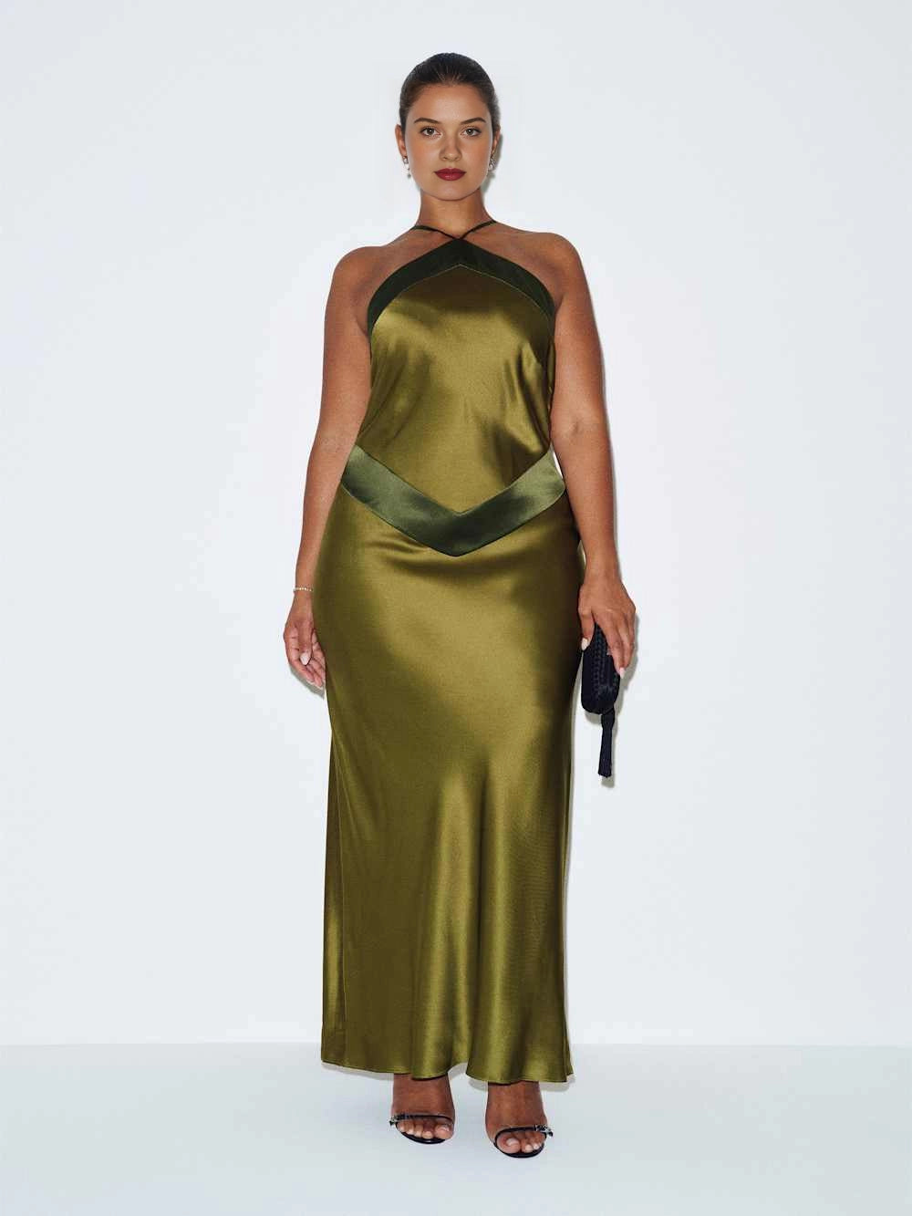 Roselle Dress plus size olive satin wedding guest dress, halter neck color‑block v‑waist, sleek mermaid maxi gown front view