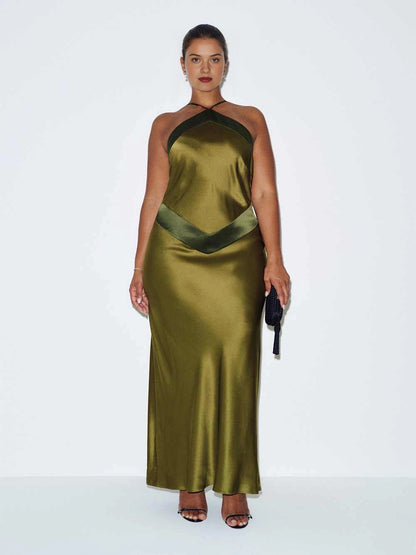 Roselle Dress plus size olive satin wedding guest dress, halter neck color‑block v‑waist, sleek mermaid maxi gown front view