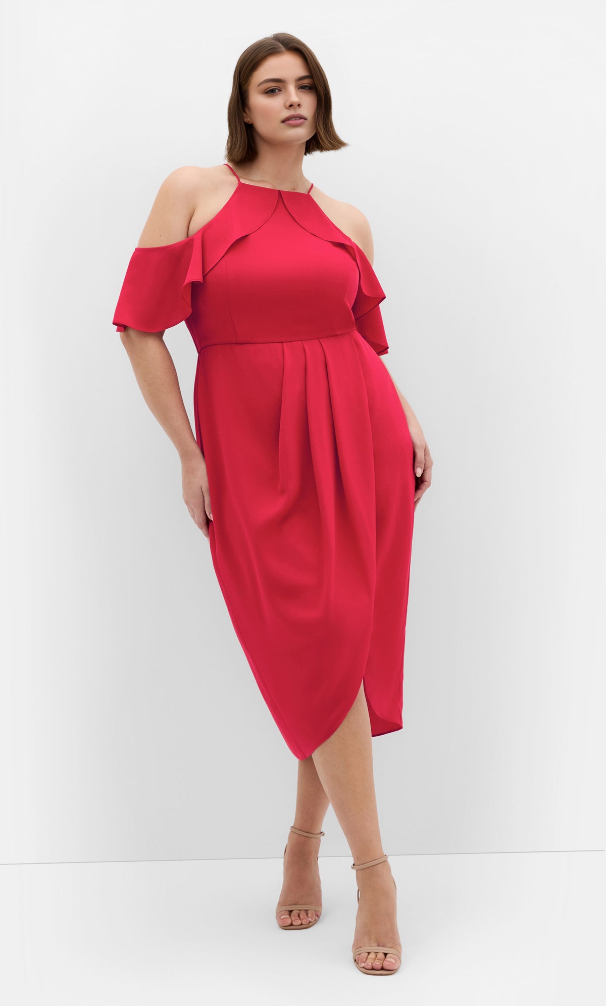 Roselle Dress plus size red sheath midi gown, halter cold‑shoulder flutter sleeve wedding guest dress front view
