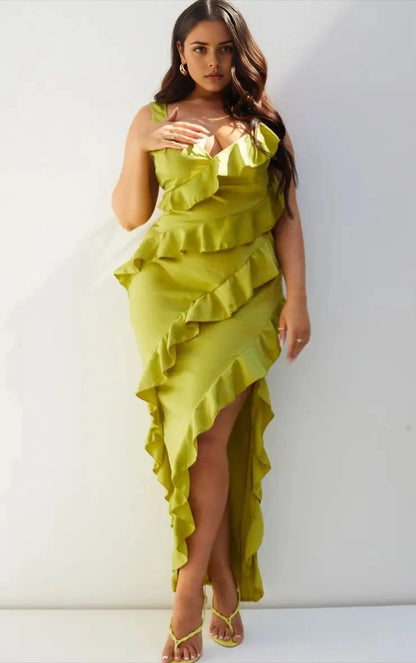 Roselledress plus size lime green satin ruffle wedding guest dress front view