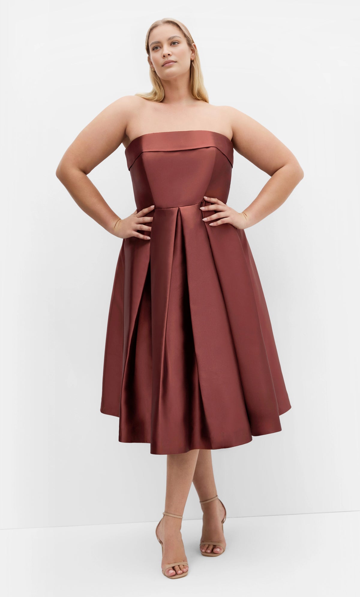 Roselle Dress plus size rust satin strapless fit‑and‑flare midi gown, folded bandeau wedding guest dress front view