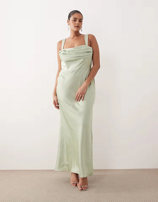 Roselledress plus size sage mint satin pleated square neck wide strap bridesmaid maxi dress front view