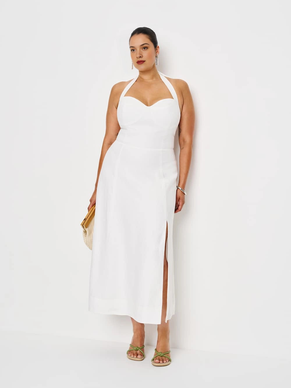 Roselle Dress plus size white wedding guest dress, halter sweetheart neckline, side slit flowy a‑line midi gown front view