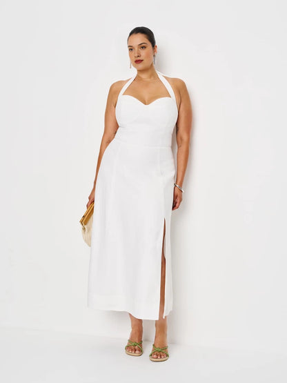 Roselle Dress plus size white wedding guest dress, halter sweetheart neckline, side slit flowy a‑line midi gown front view