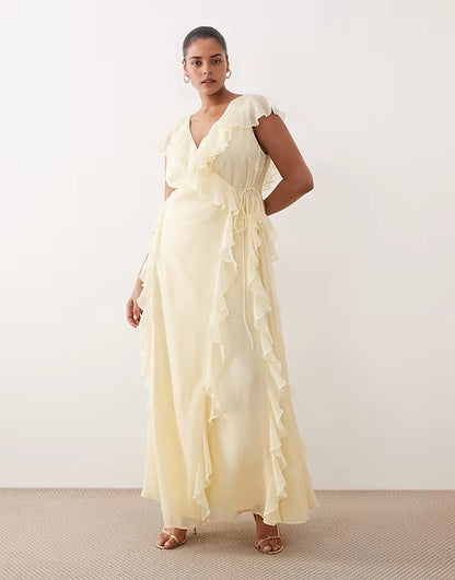 Roselledress plus size butter yellow chiffon ruffled wrap V-neck flutter sleeve wedding guest dress front view