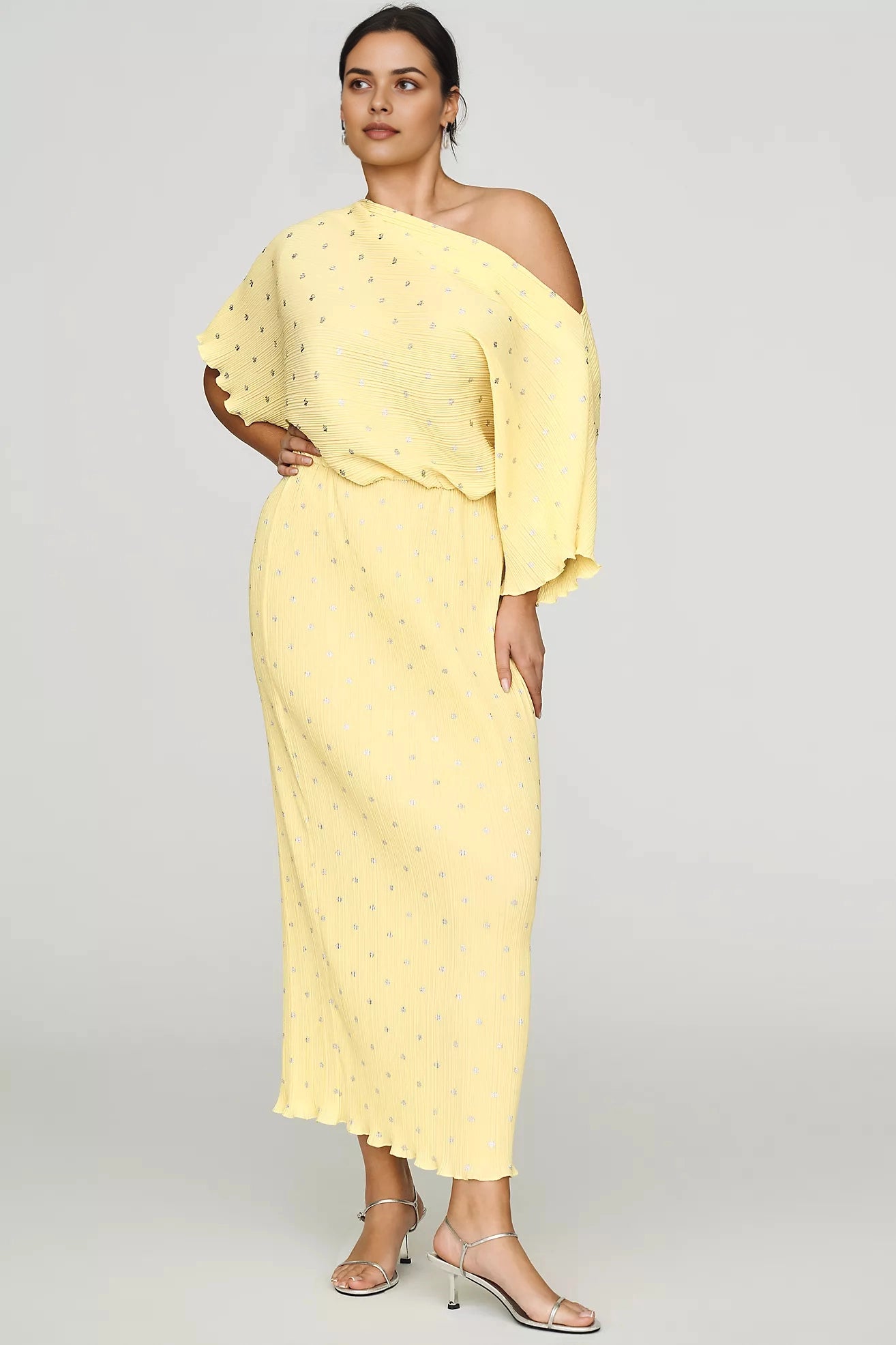 Roselledress plus size butter yellow silver dot pleated off‑shoulder wedding guest dress front view