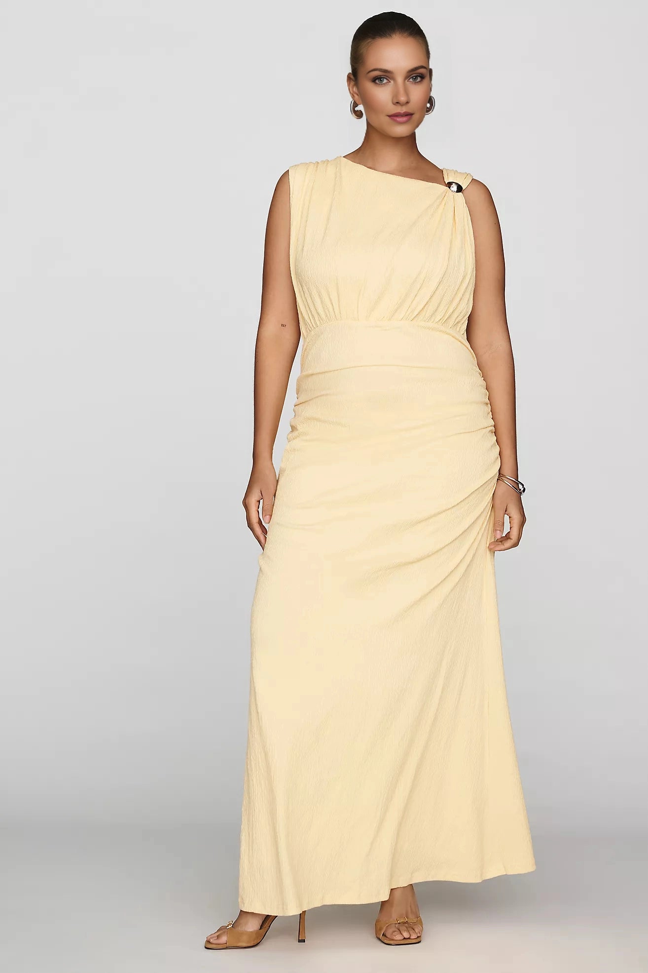 Roselledress plus size butter yellow crinkled asymmetric one‑shoulder wedding guest dress front view