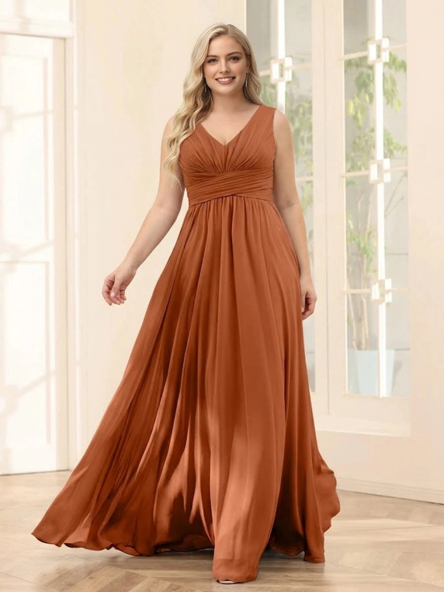 RoselleDress terracotta plus size wedding guest dress sleeveless v‑neck empire waist chiffon a‑line gown front view floor‑length bridesmaid formal guest dress