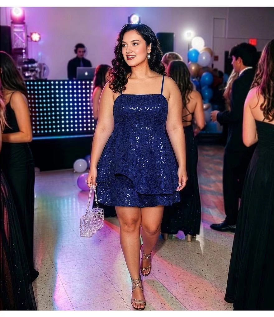 Royal blue plus size sequin homecoming dress with square neck, spaghetti straps and tiered ruffle skirt